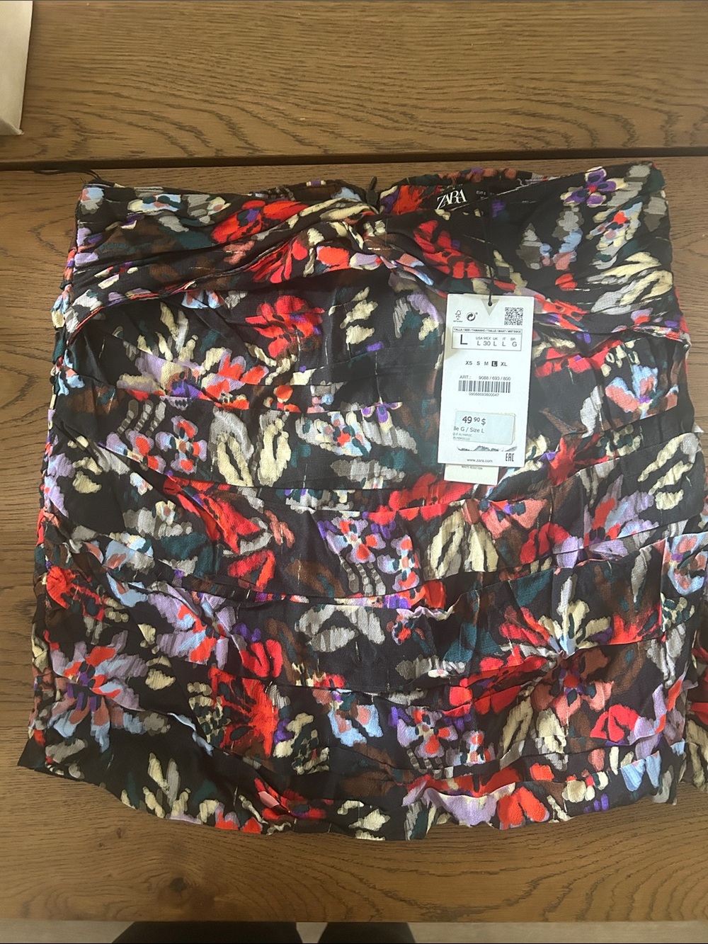 Zara Black Floral Ruched Mini Skirt with Red, Purple & Cream Accents